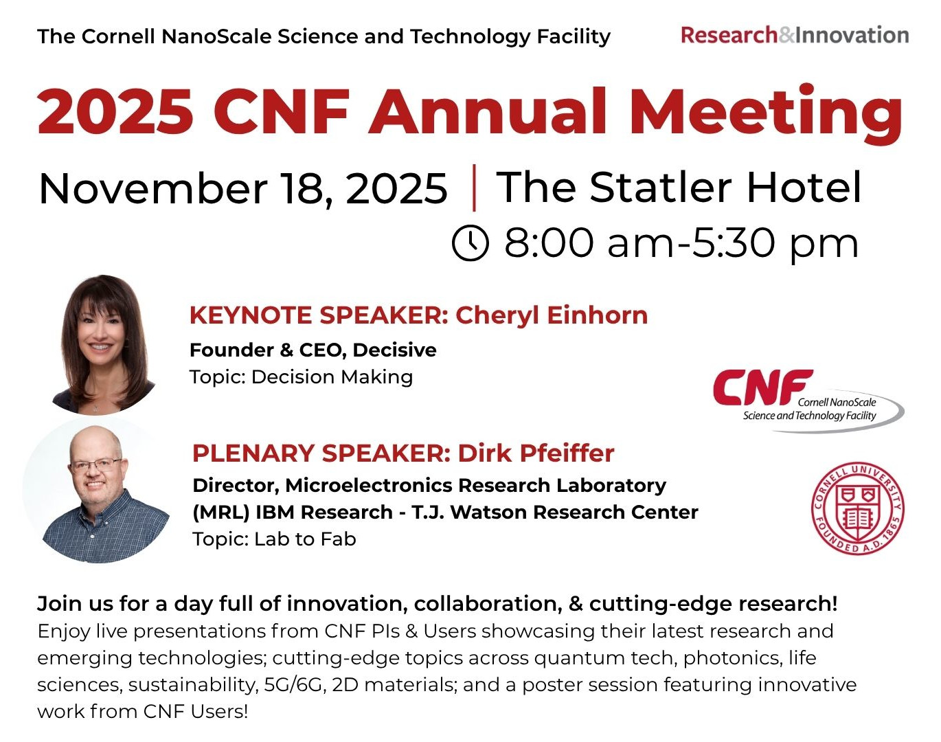 2025 CNF Annual Meeting - Nov 18, 2025 - Statler Hotel 8AM - 5:30 PM; Keynote Speaker: Cheryl Einhorn; Plenary Speaker: Dirk Pfeiffer; Join us for a day full of innovation, collaboration, and cutting-edige research!