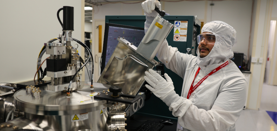 Nandan Reddy Muthangi, an M.Eng. student in Cornell’s Department of Materials Science and Engineering, is testing new methods for building semiconductor test chips for systems that ensure reliability in manufacturing.  Photo Credit: Charissa King-O'Brien
