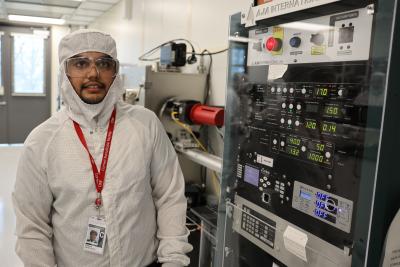 Nandan Reddy Muthangi inside Cornell’s NanoScale Science and Technology Facility, a state-of-the-art nanofabrication facility where Muthangi conducts research as part of his M.Eng. degree program. Photo credit: Charissa King-O'Brien